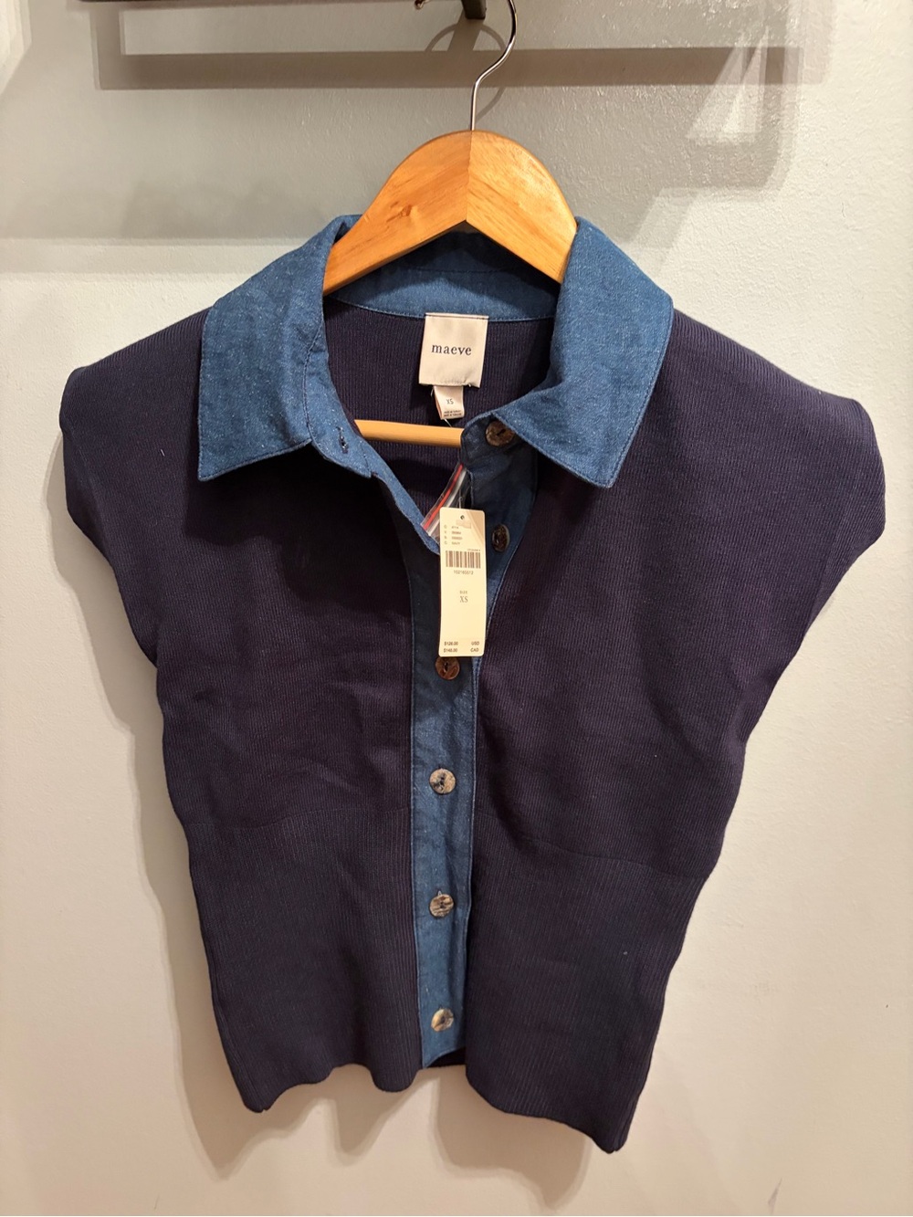 Maeve Navy & Denim Mixed-Material Button Front Top